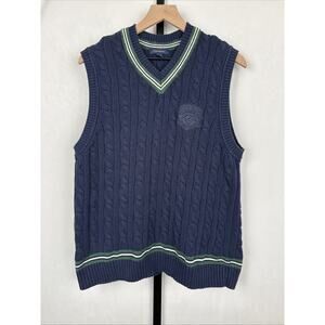Club Room Sweater Vest Mens Large Cable Knit Navy Blue Cotton Logo Academia Golf